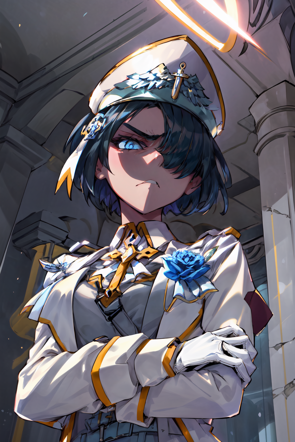 00613-1729723472-masterpiece,best quality,1girl,htarchangel,hair over one eye,black hair,blue eyes,halo,shaded face,intenseglare,military hat,mil.png
